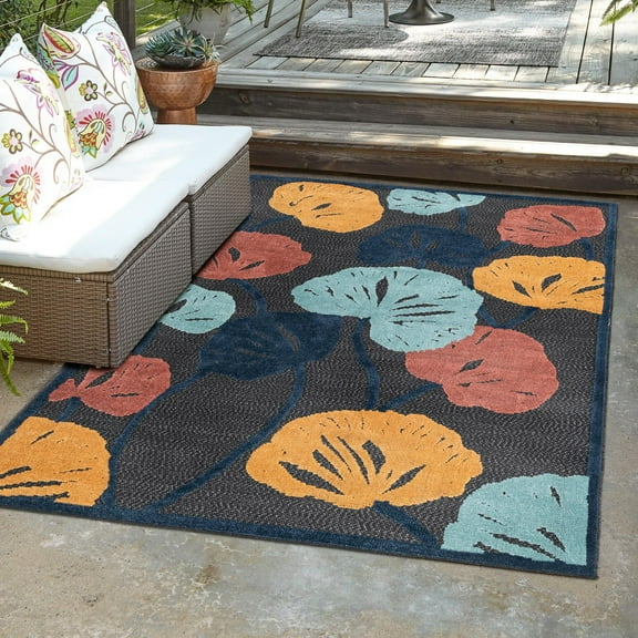 Unique Loom Belize Outdoor Collection Area Rug - Caulker (5' 3" x 8' Rectangle Charcoal/Light Blue)