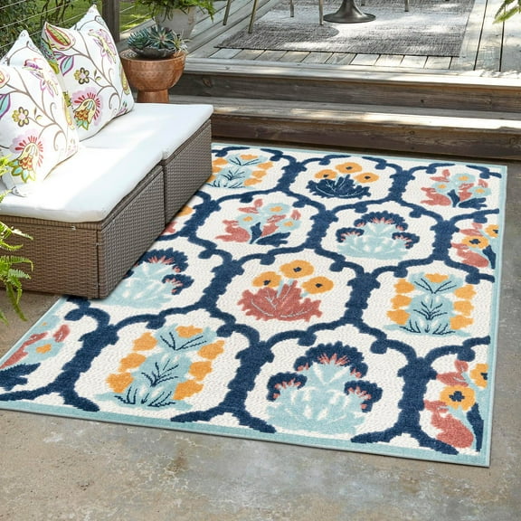 Unique Loom Belize Outdoor Collection Area Rug - Corozal (5' 3" x 8' Rectangle Ivory/Navy Blue)
