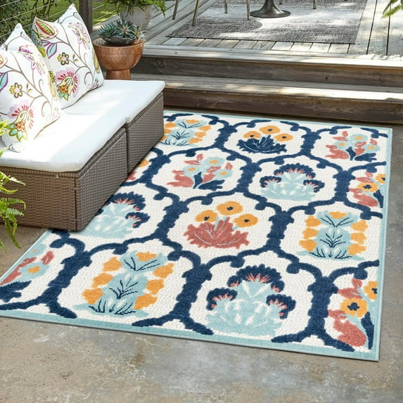 Unique Loom Belize Outdoor Collection Area Rug - Corozal (6' x 9' Rectangle Ivory/Navy Blue)