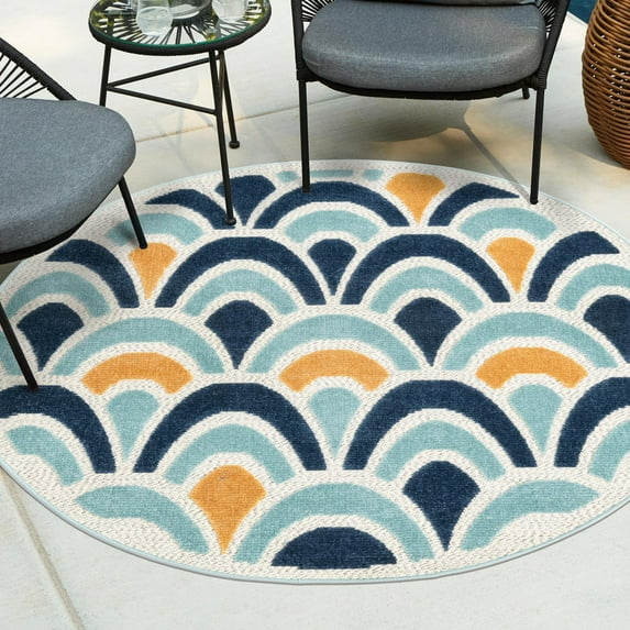 Unique Loom Belize Outdoor Collection Area Rug - Dangriga (3' 3" Round Blue/Orange)