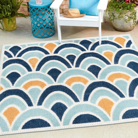 Unique Loom Belize Outdoor Collection Area Rug - Dangriga (5' 3" Square Blue/Orange)