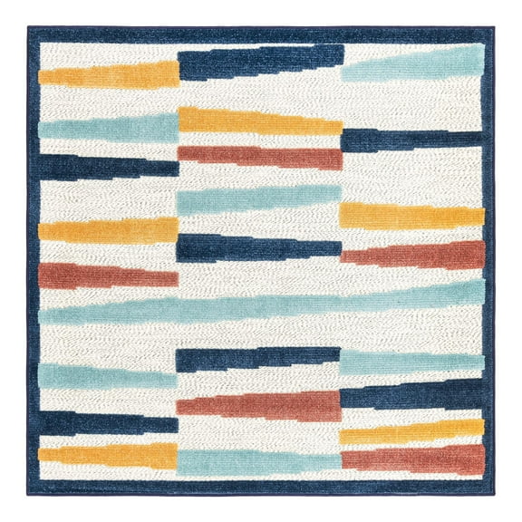 Unique Loom Belize Outdoor Collection Area Rug - Lamanai (5' 3" Square Ivory/Navy Blue)