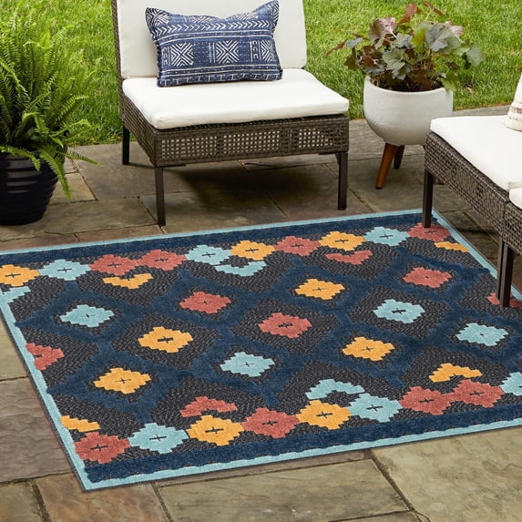 Unique Loom Belize Outdoor Collection Area Rug - Sarstoon (5' 3" Square Charcoal/Navy Blue)