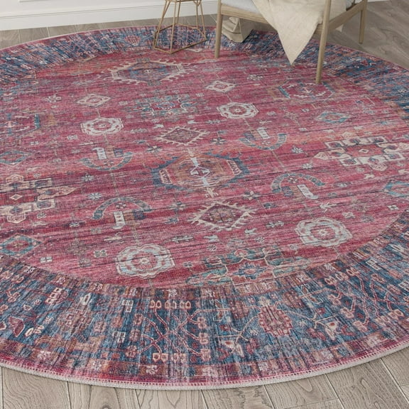 Unique Loom Maahru Collection Area Rug - Blood Moon (10' 6" Round Antique Red/Blue)