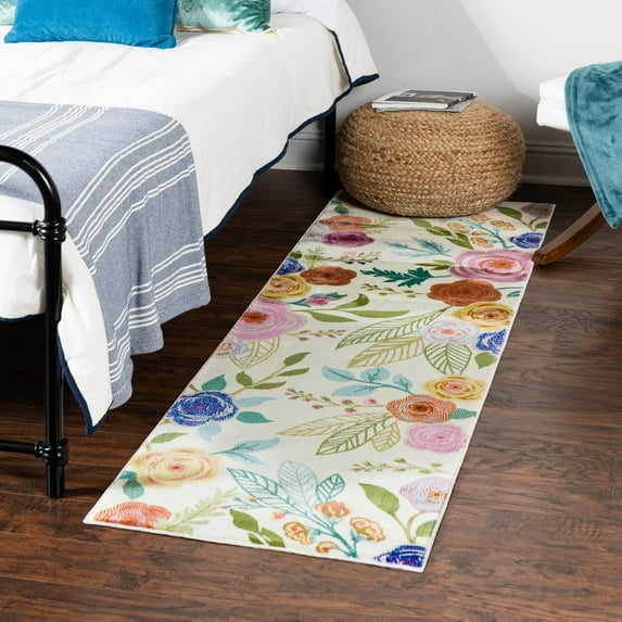 Unique Loom Blossom Collection Area Rug - Ashley (2' x 6' Runner Ivory/Light Blue)