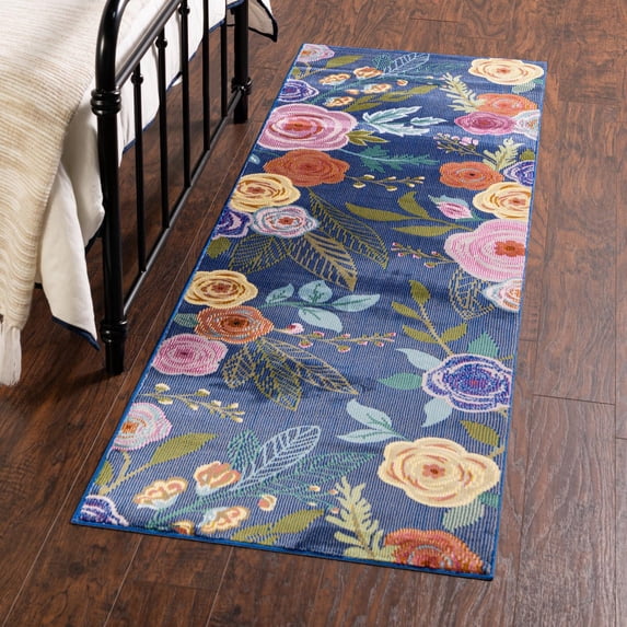 Unique Loom Blossom Collection Area Rug - Ashley (2' x 8' Runner Blue/Olive)
