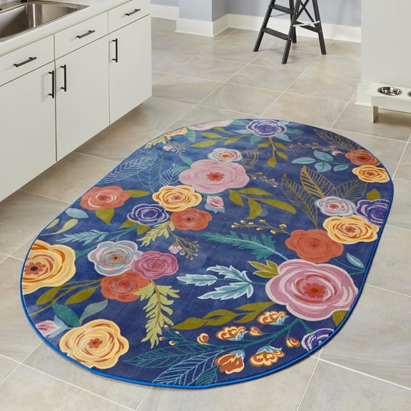 Unique Loom Blossom Collection Area Rug - Ashley (4' x 6' Oval Blue/Olive)