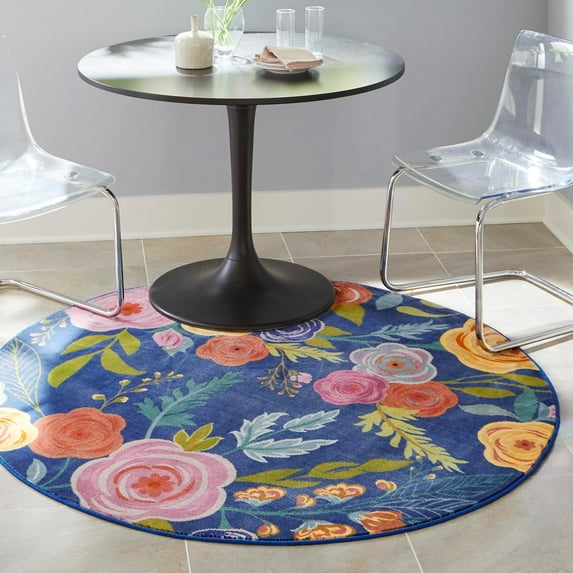 Unique Loom Blossom Collection Area Rug - Ashley (5' 3" Round Blue/Olive)