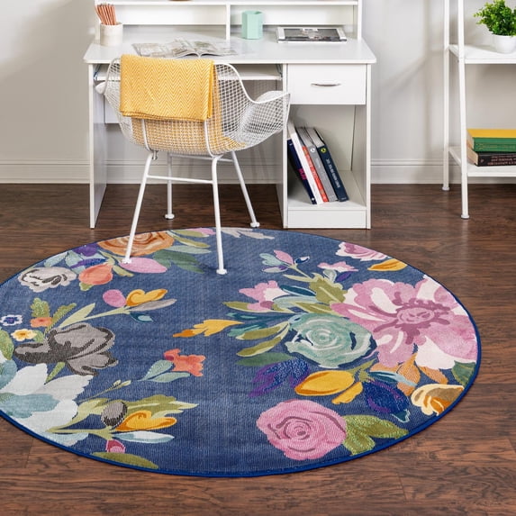 Unique Loom Blossom Collection Area Rug - Laura (5' 3" Round Blue/Gold)