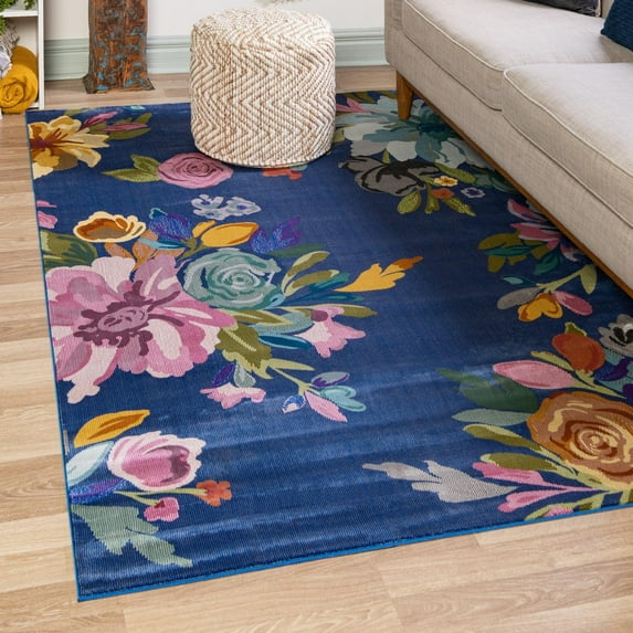 Unique Loom Blossom Collection Area Rug - Laura (7' 10" x 10' Rectangle Blue/Gold)