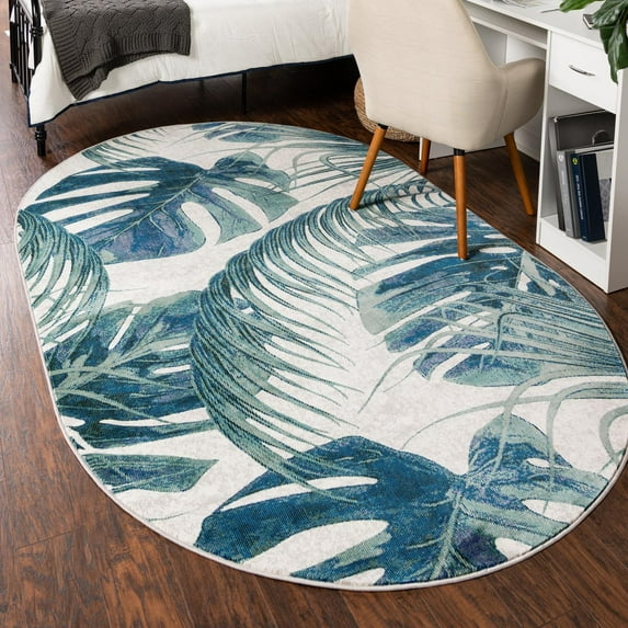 Unique Loom Blossom Collection Area Rug - Montego (4' x 6' Oval Ivory/Blue)