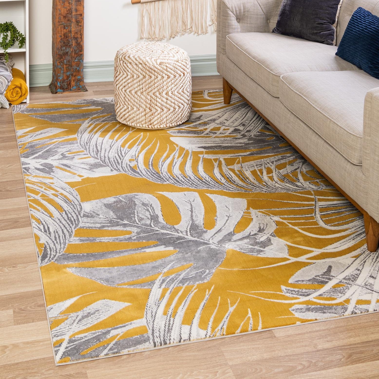 Yellow and Ivory Floral Rectangular Synthetic Rug