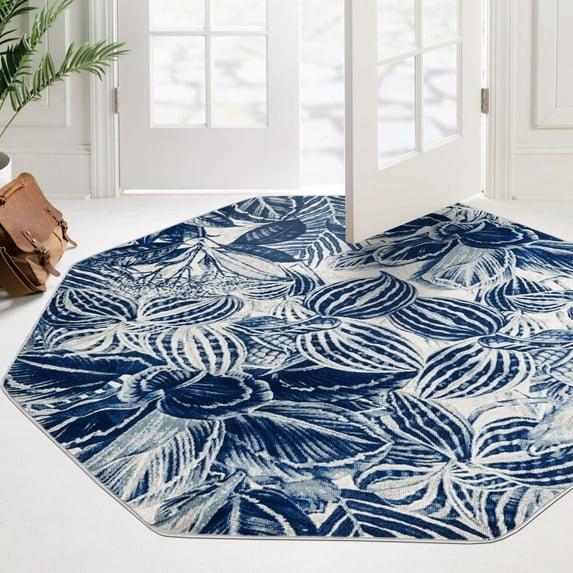Unique Loom Blossom Collection Area Rug - Ocho (6' Octagon Navy Blue/Ivory)