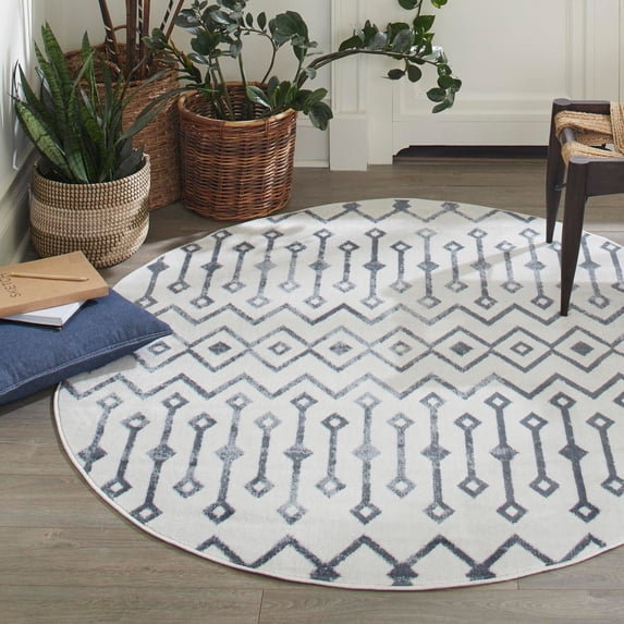 Unique Loom Bohemian Trellis Collection Area Rug - Gypsy (5' 3" Round Coastal White/Navy Blue)