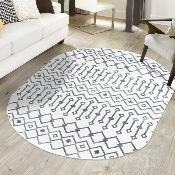Unique Loom Bohemian Trellis Collection Area Rug - Gypsy (5' 3" x 8' Oval Coastal White/Navy Blue)