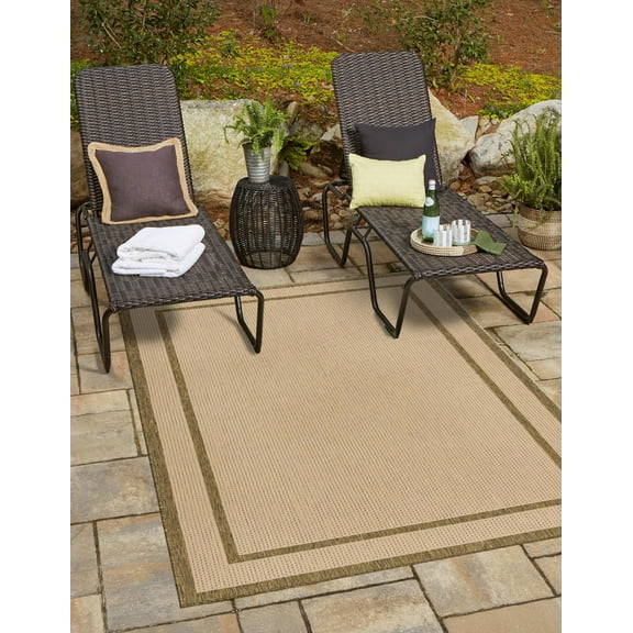 Unique Loom Border Indoor/Outdoor Border Rug Beige/Brown 5' 3" x 8' Rectangle Border Contemporary Perfect For Patio Deck Garage Entryway