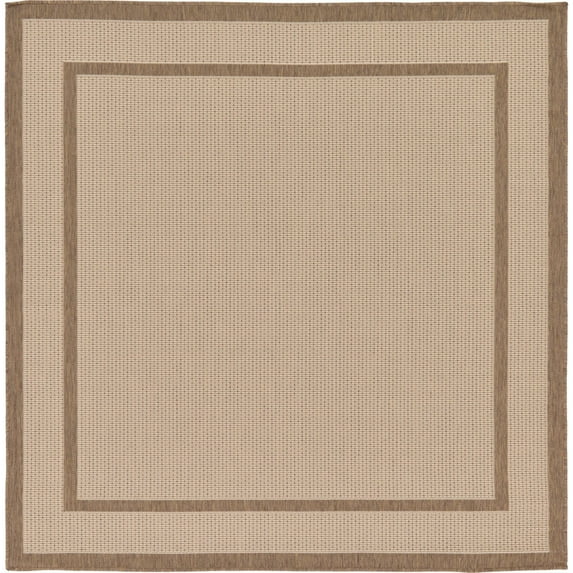 Unique Loom Border Indoor/Outdoor Border Rug Beige/Brown 6' 1" Square Border Contemporary Perfect For Patio Deck Garage Entryway