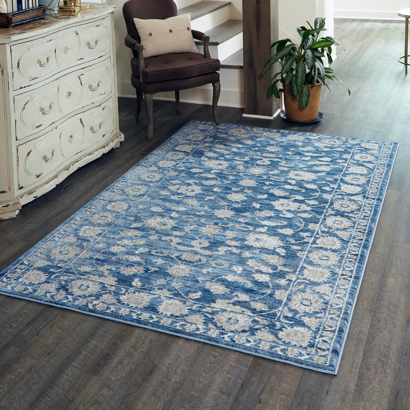 Boston Blue Floral Synthetic Rectangular Accent Rug