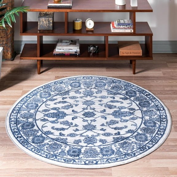 Unique Loom Boston Collection Area Rug - Floral (3' 3" Round White Blue/Gray)
