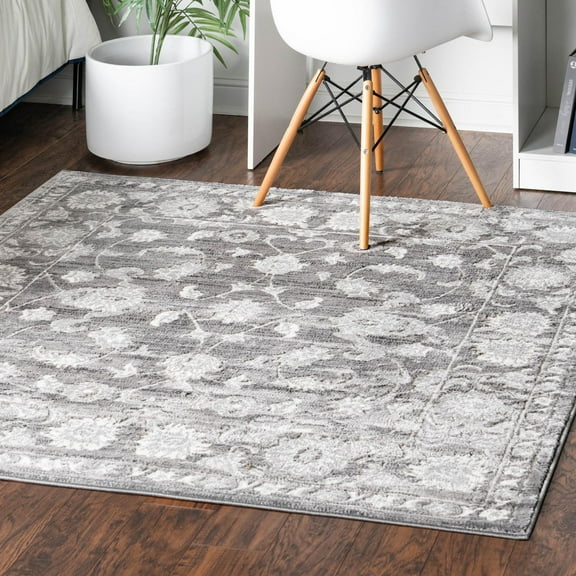 Unique Loom Boston Collection Area Rug - Floral (3' 3" Square Gray/Ivory)