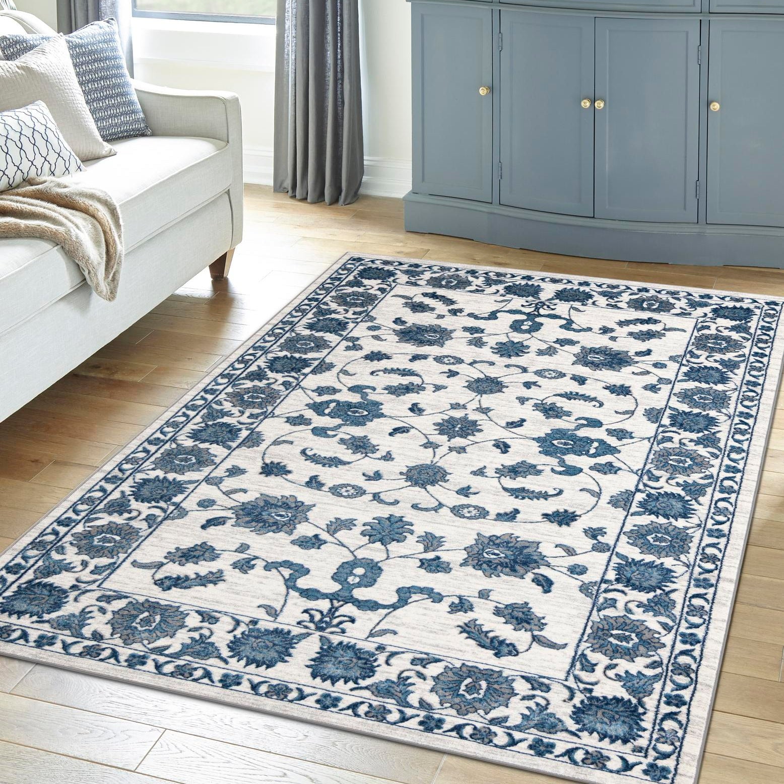 White Blue Floral Rectangular Synthetic Easy Care Rug