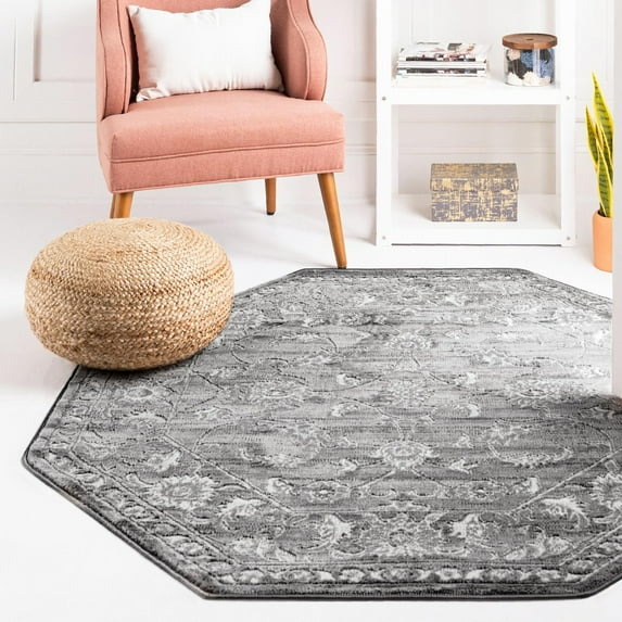 Unique Loom Boston Collection Area Rug - Floral (5' 3" Octagon Gray/Ivory)