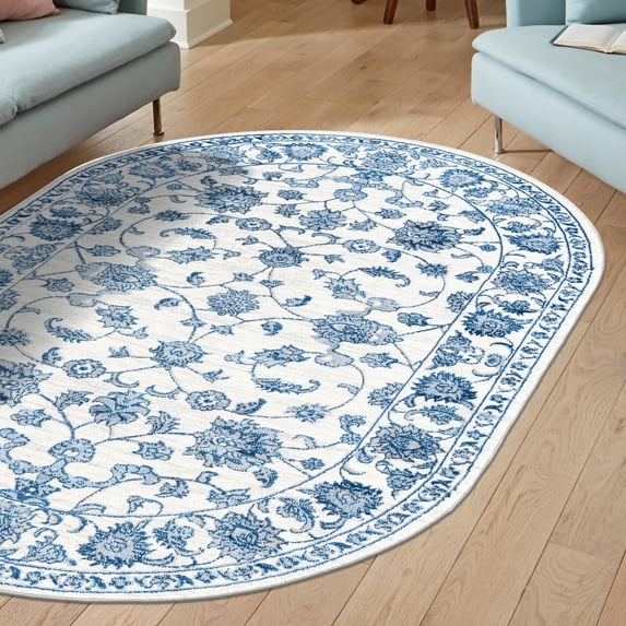 Unique Loom Boston Collection Area Rug - Floral (5' 3" x 8' Oval White Blue/Gray)