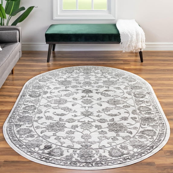 Unique Loom Boston Collection Area Rug - Floral (5' 3" x 8' Oval white Gray/Ivory)