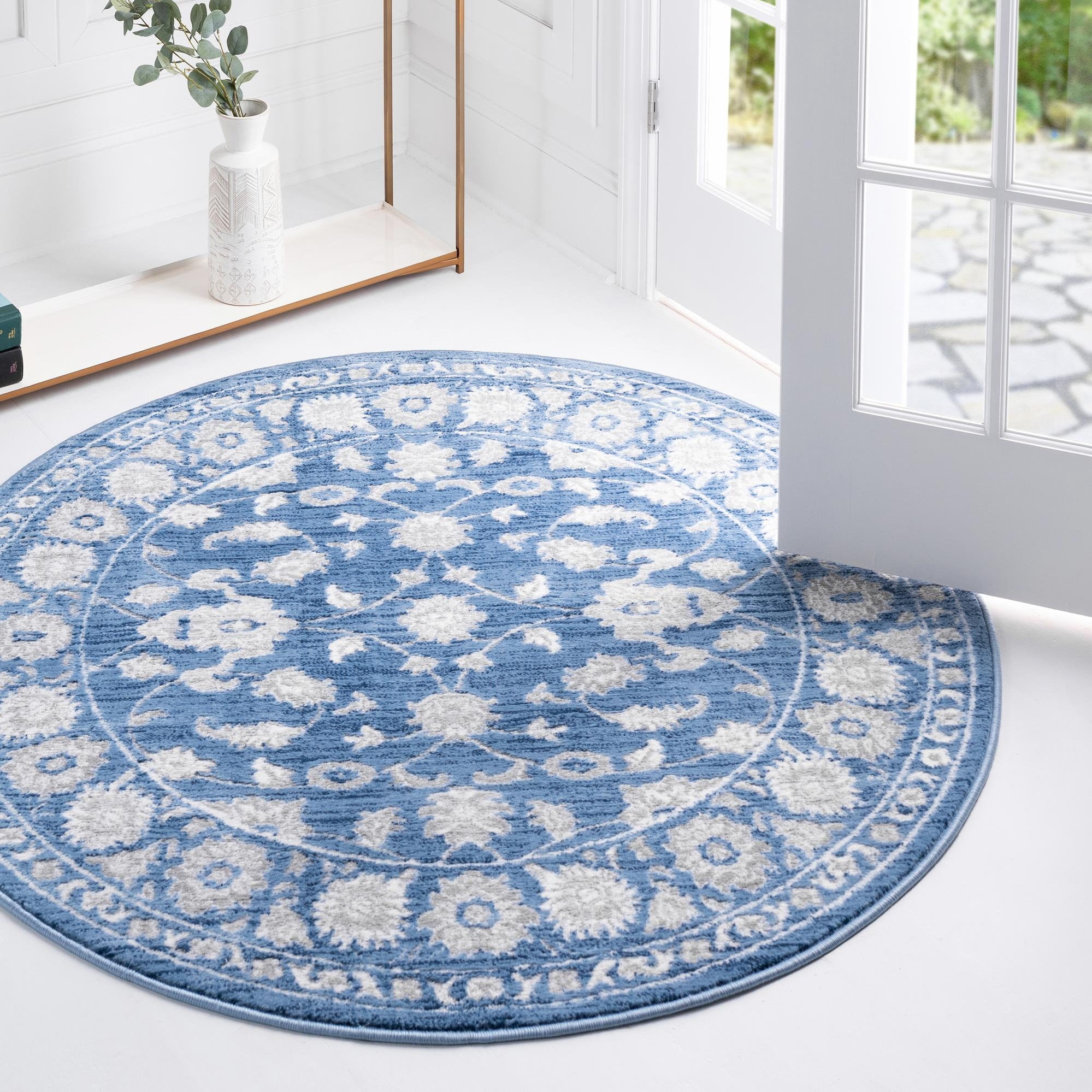 5 Rounded Blue Unique Loom Boston Collection Area Rug - Floral (5' Round Blue/Ivory ...
