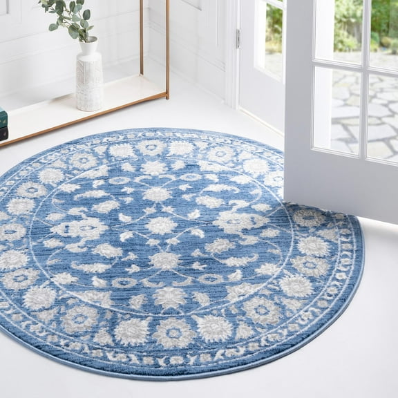 Unique Loom Boston Collection Area Rug - Floral (5' Round Blue/Ivory)