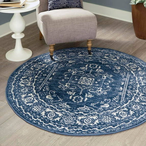 Unique Loom Boston Collection Area Rug - Medallion (3' 3" Round Blue/Ivory)