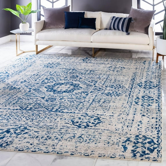 Unique Loom Bouquet Tradition Rug Ivory/Blue 8' 4" Square Medallion Modern Perfect For Dining Room Living Room Bed Room