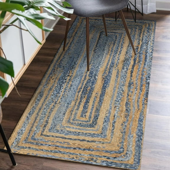 Unique Loom Braided Chindi Collection Area Rug (2' 6" x 6' 1" Runner Blue and Natural/Natural)