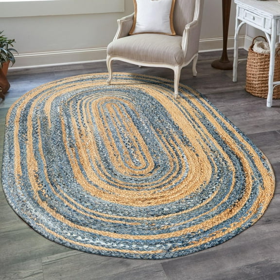 Unique Loom Braided Chindi Collection Area Rug (3' 3" x 5' 1" Oval Blue and Natural/Natural)