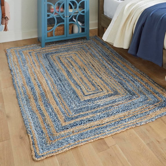 Unique Loom Braided Chindi Collection Area Rug (5' 1" x 8' Rectangle Blue and Natural/Natural)