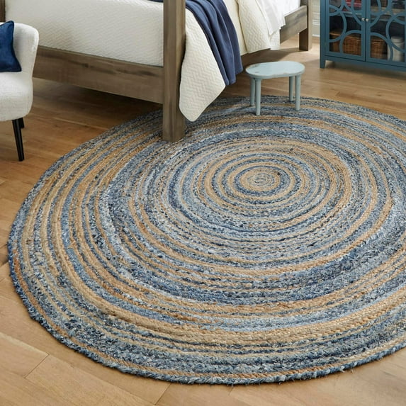 Unique Loom Braided Chindi Collection Area Rug (8' Round Blue and Natural/Natural)