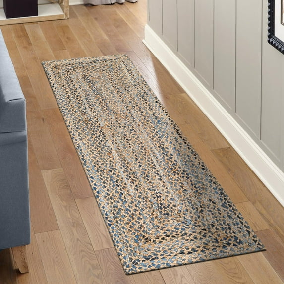 Unique Loom Braided Chindi Collection Area Rug - Crossed (2' 2" x 6' 1" Runner Natural/Blue)