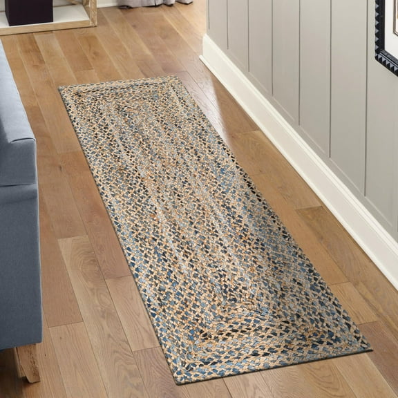 Unique Loom Braided Chindi Collection Area Rug - Crossed (2' 2" x 8' Runner Natural/Blue)