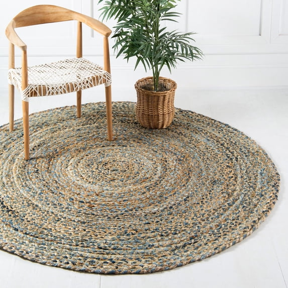 Unique Loom Braided Chindi Collection Area Rug - Crossed (4' 1" Round Natural/Blue)