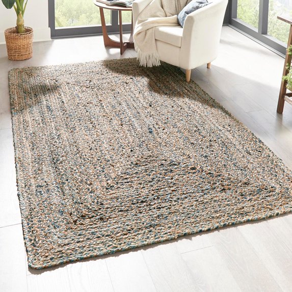 Unique Loom Braided Chindi Collection Area Rug - Crossed (4' 1" x 6' 1" Rectangle Natural/Blue)