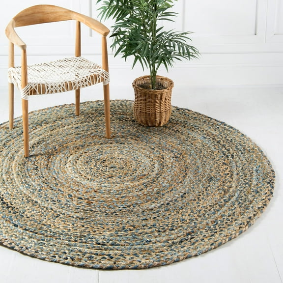 Unique Loom Braided Chindi Collection Area Rug - Crossed (6' 1" Round Natural/Blue)