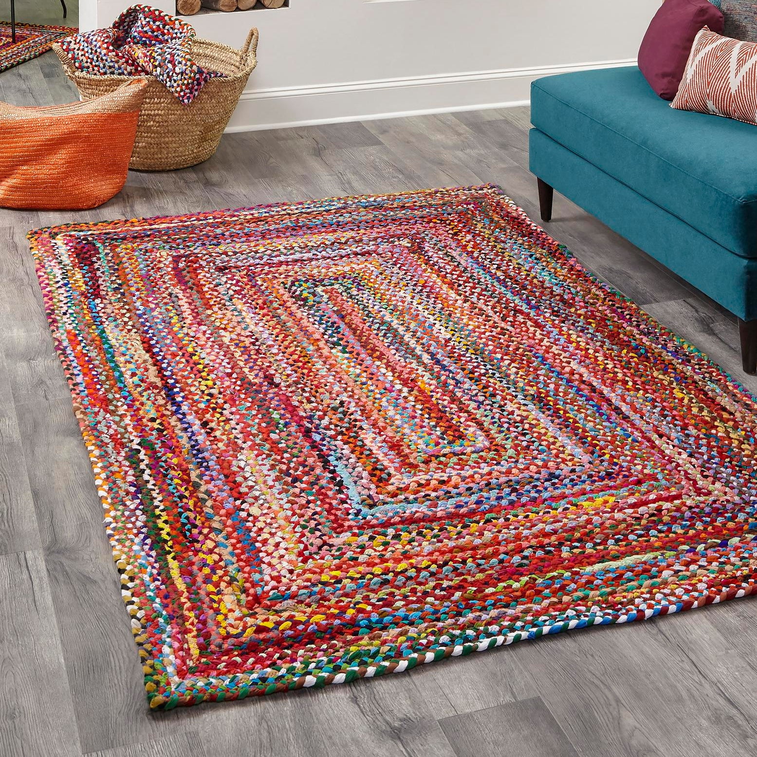 Handmade Blue and Multicolor Braided Cotton 10' x 14' Area Rug