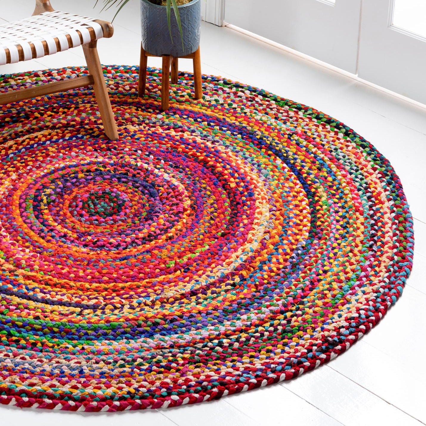 Handmade Boho Vibes Round Cotton Braided Rug, 3'3" - Blue & Multicolor