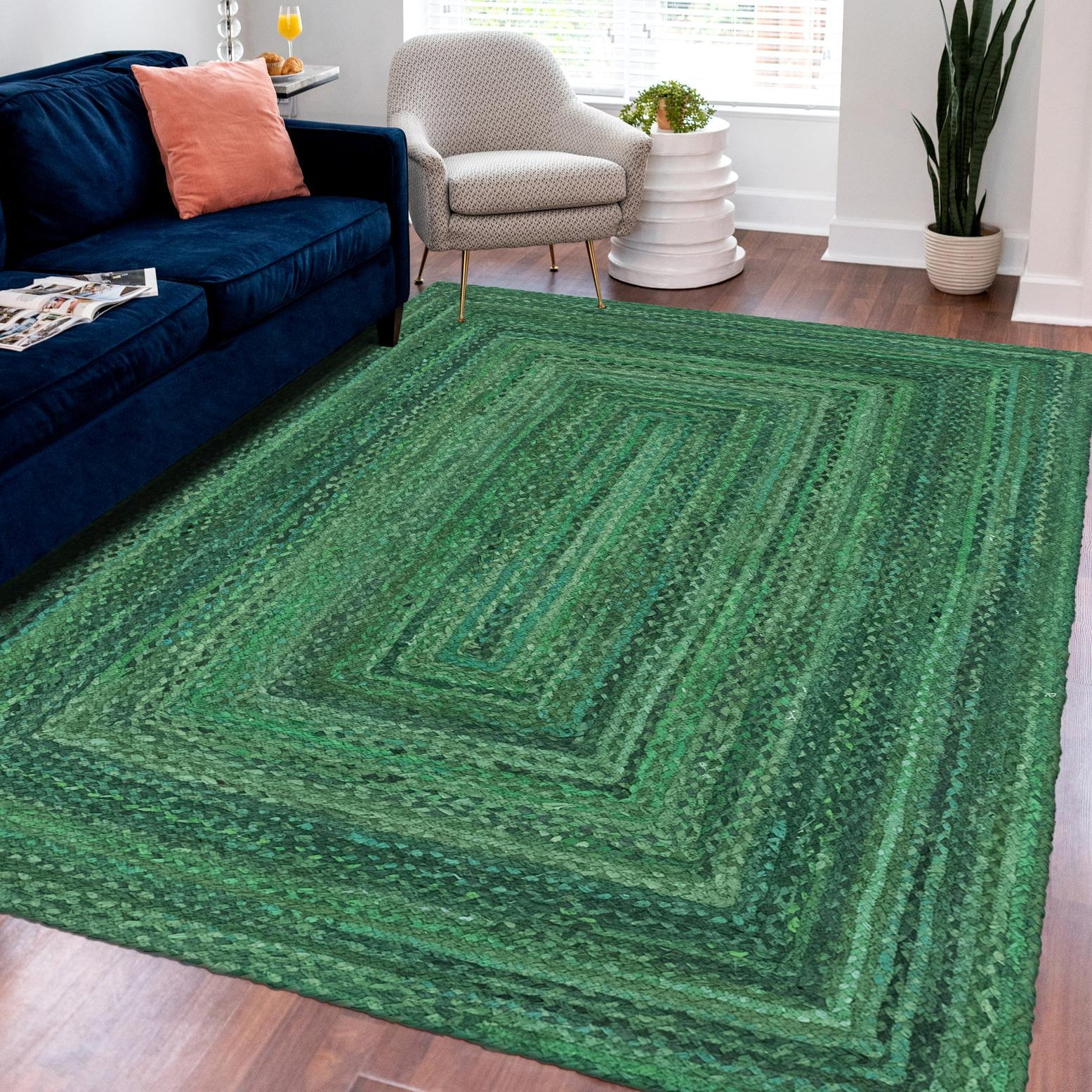 Handmade Green Cotton Braided 6' x 9' Rectangular Rug