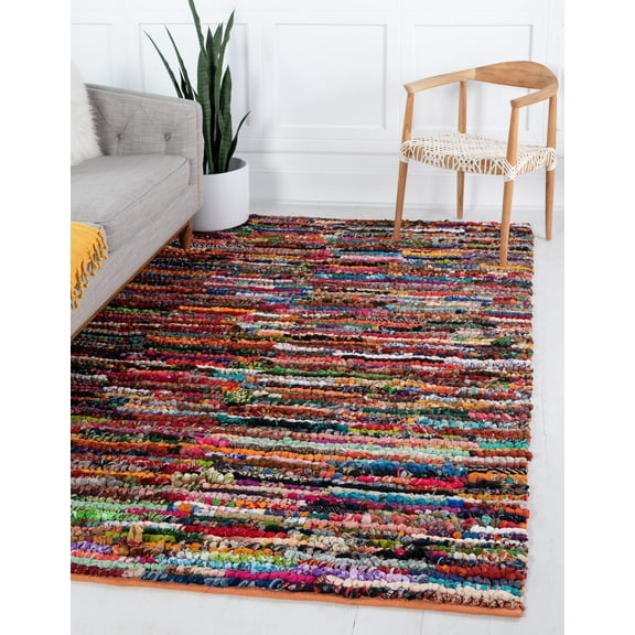 Unique Loom Braided Chindi Collection Area Rug - Multi-Striped (6' 1" x 9' Rectangle Multi/Black)