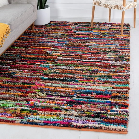 Unique Loom Braided Chindi Collection Area Rug - Multi-Striped (8' x 10' Rectangle Multi/Black)