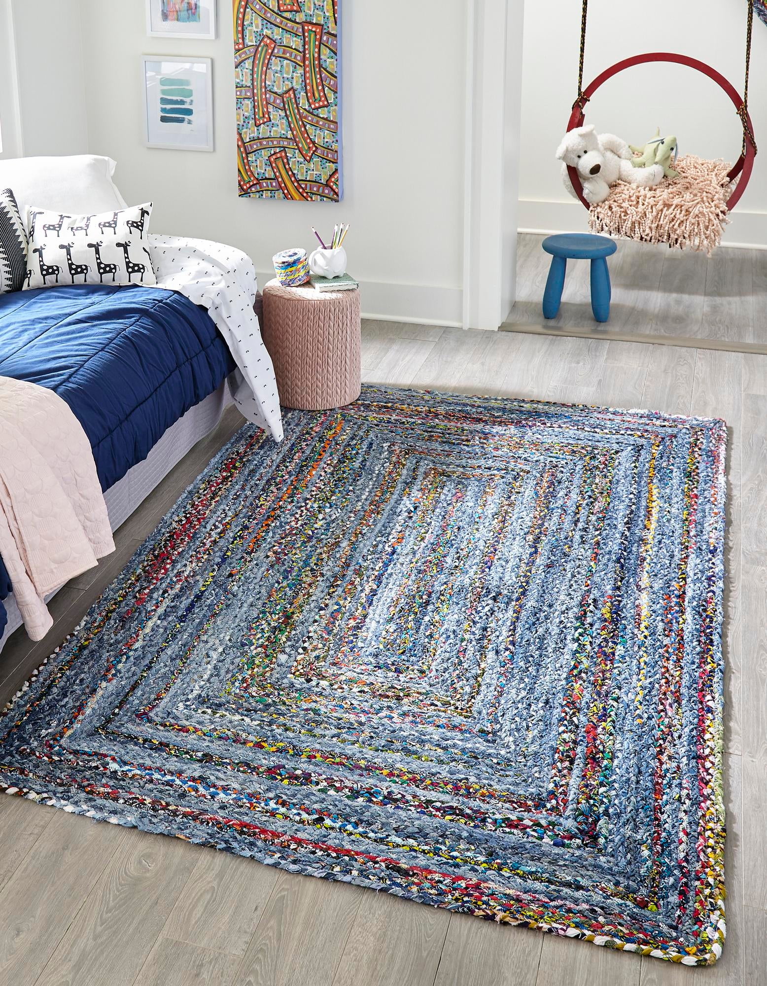 Unique Loom Braided Chindi Rug Blue and Multi/Green 9' x 12' 2 Rectangle  Hand Made Abstract Comfort Perfect For Living Room Bed Room Dining Room  Office 