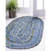 Unique Loom Braided Chindi Rug Blue and Multi/Green 5' 1" x 8' Oval Hand Made Abstract Comfort Perfect For Dining Room Bed Room Kids Room Play Room