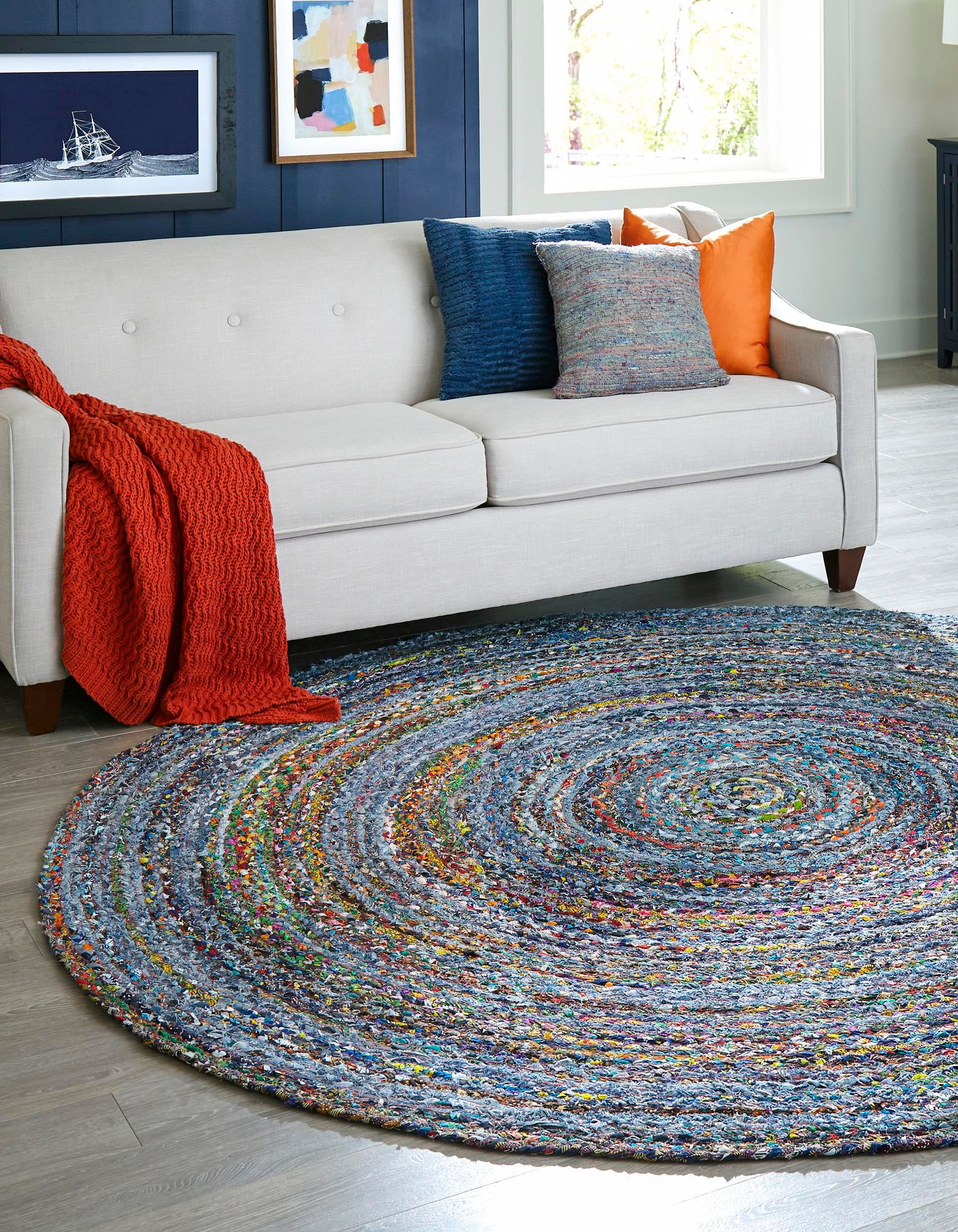 Unique Loom Braided Chindi Rug Blue and Multi/Green 8' Round Hand