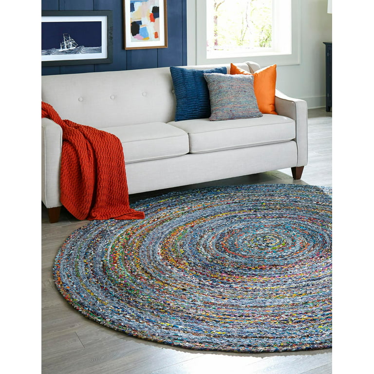 Unique Loom Braided Chindi Rug Blue and Multi/Green 8' Round Hand Made  Abstract Comfort Perfect For Dining Room Entryway Bed Room Kids Room 